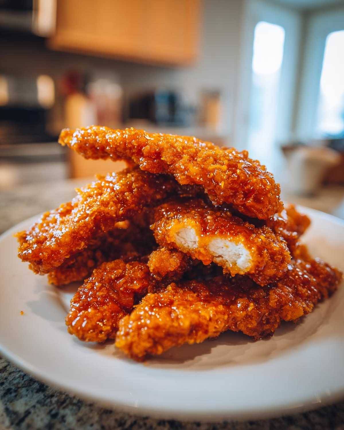 A pile of crispy, glazed hot honey chicken tenders stacked on a white plate, one piece is broken open showing white meat.