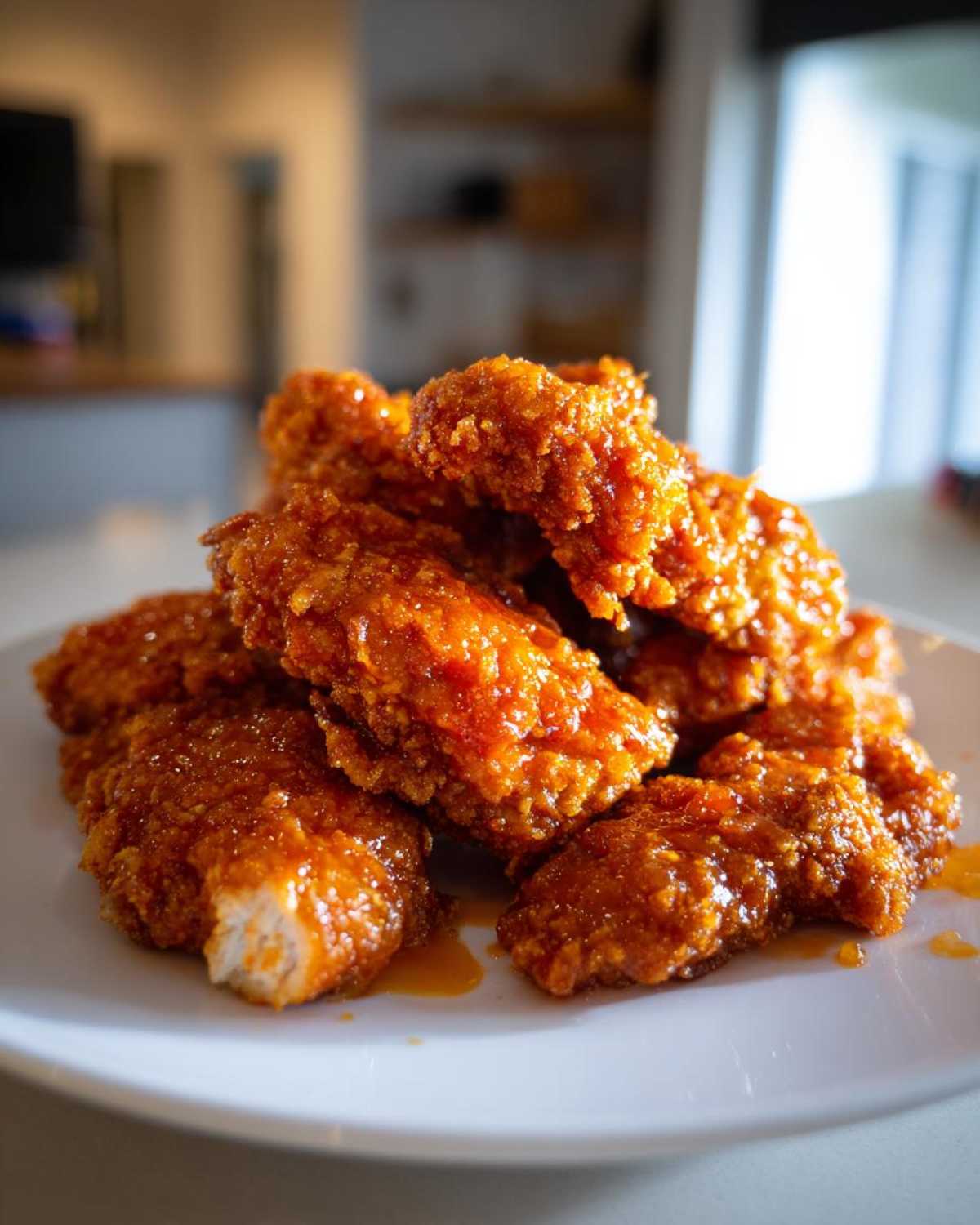 Close-up of a pile of crispy, glazed hot honey chicken tenders glistening with sauce on a white plate.