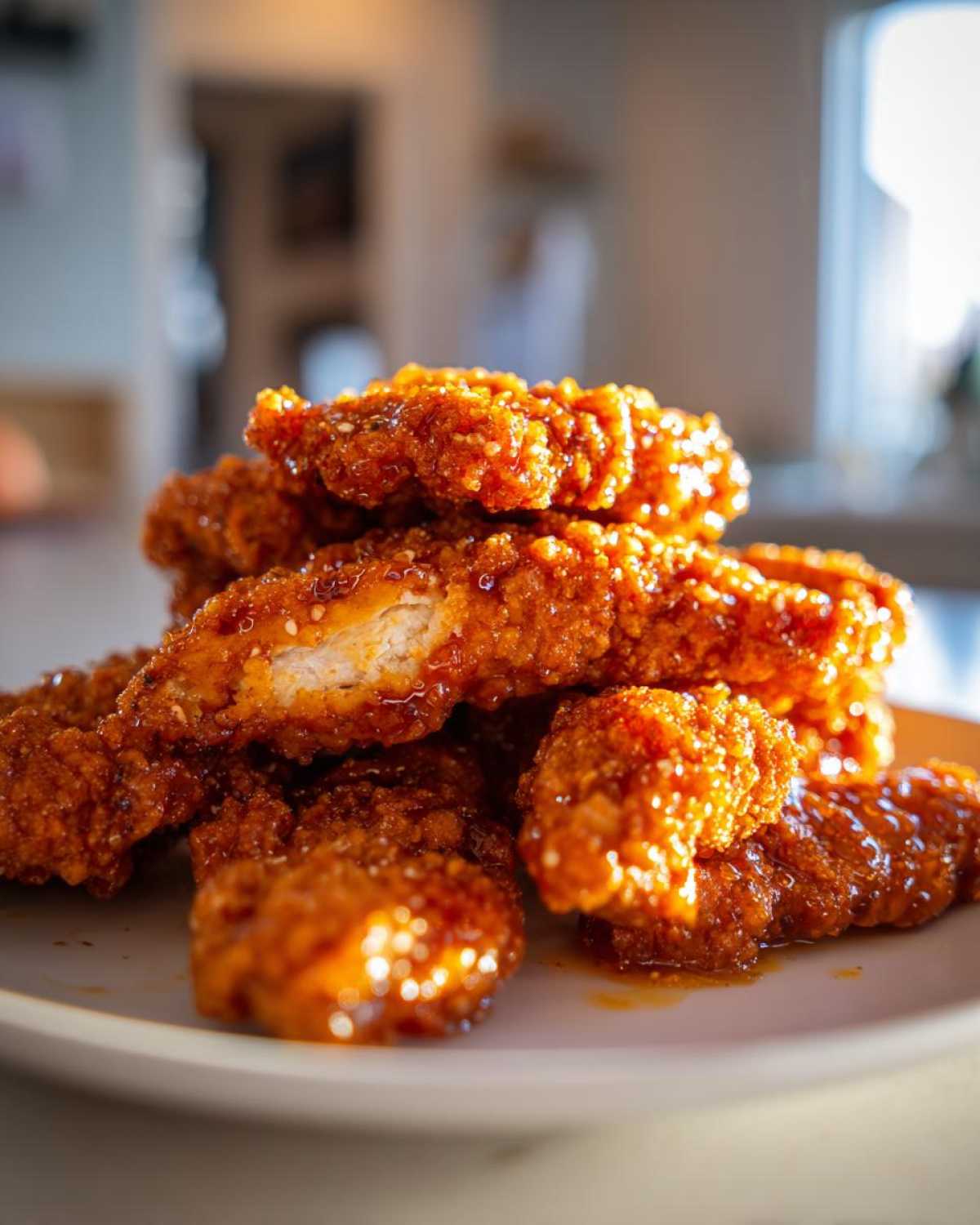 A stack of crispy, glazed hot honey chicken tenders piled on a light plate, showing a cross-section of white meat.