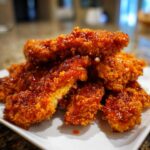 A close-up of crispy, glazed hot honey chicken tenders piled high on a white plate.
