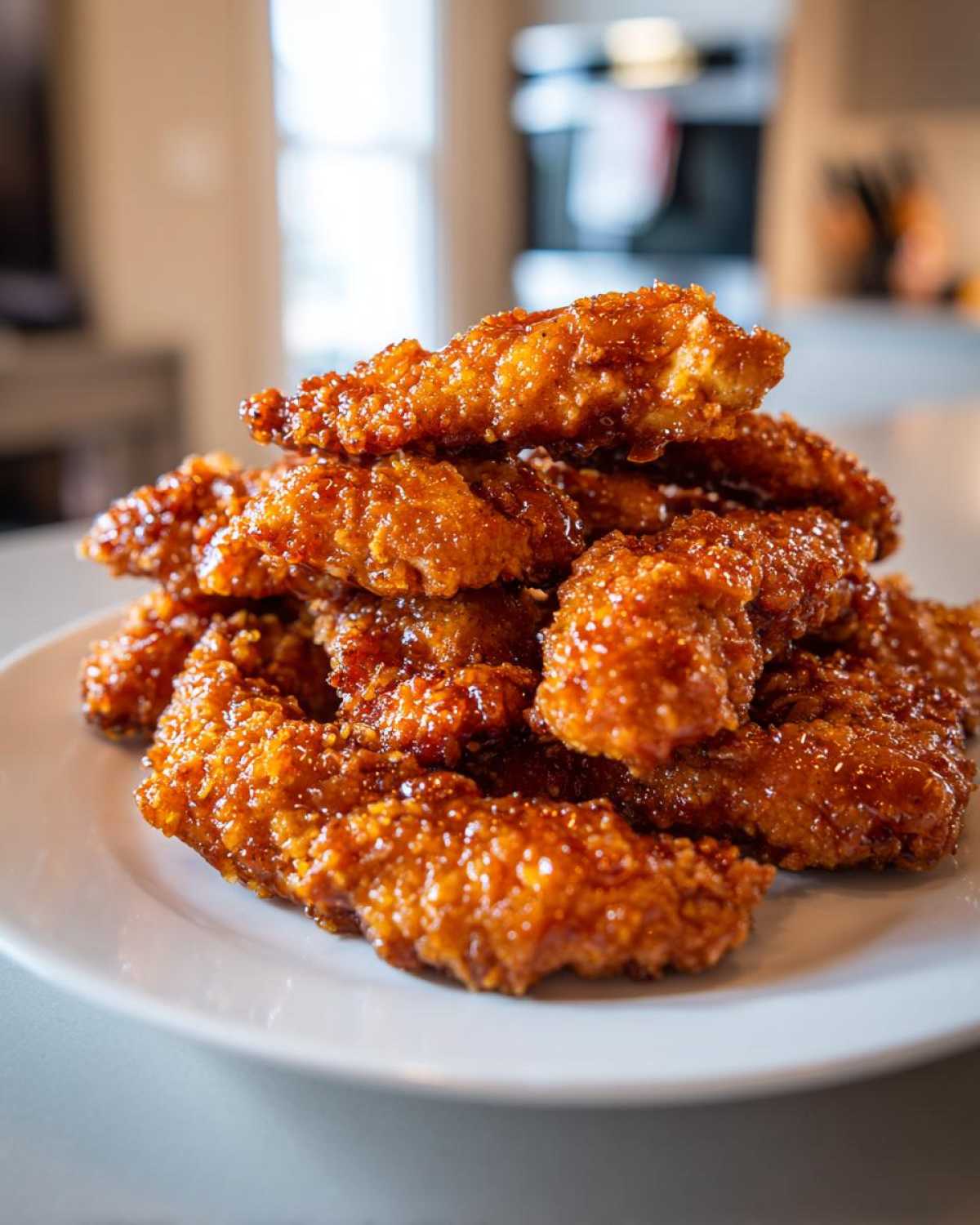 A tall stack of crispy, glazed hot honey chicken tenders piled high on a white plate.