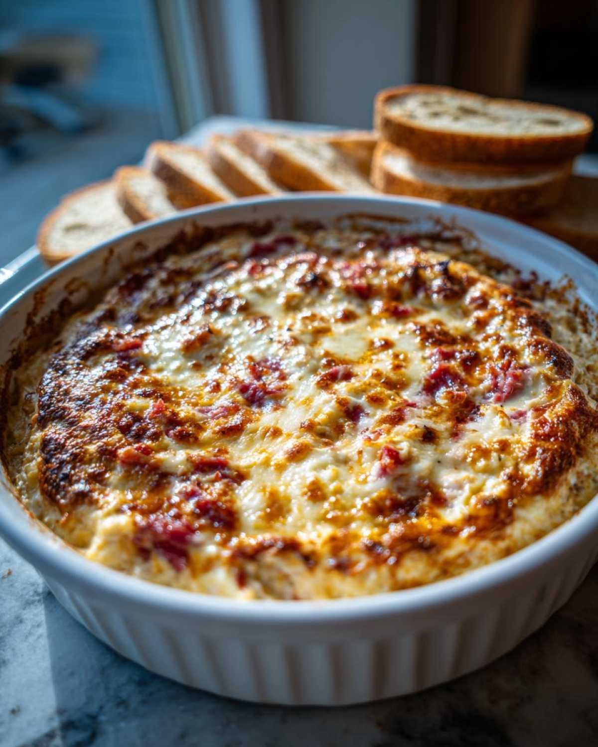 Close-up of a hot, reuben dip with a bubbly, browned cheese topping, served with slices of rye bread.