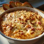 Close-up of a hot, baked reuben dip topped with melted, bubbly, browned cheese, served with toasted bread slices.