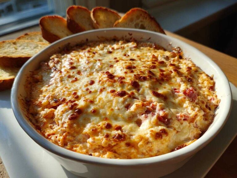 Close-up of a hot, baked reuben dip topped with melted, bubbly, browned cheese, served with toasted bread slices.