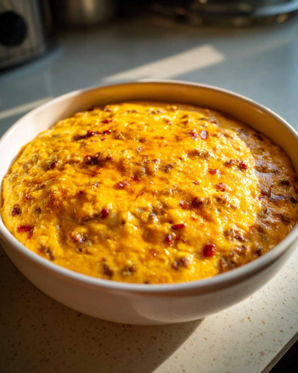 Close-up of a creamy, cheesy, and bubbling hot rotel dip served in a white bowl.