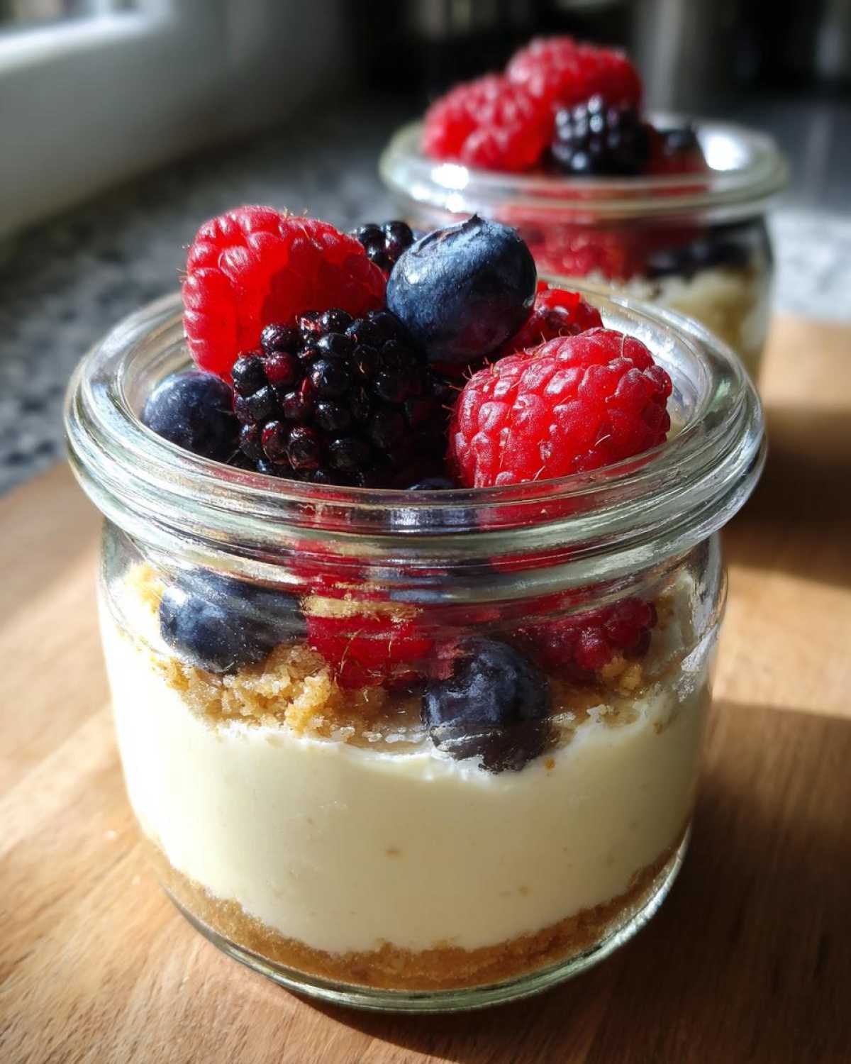 Close-up of an individual Protein Cheesecake served in a small glass jar, topped generously with fresh raspberries, blueberries, and blackberries.