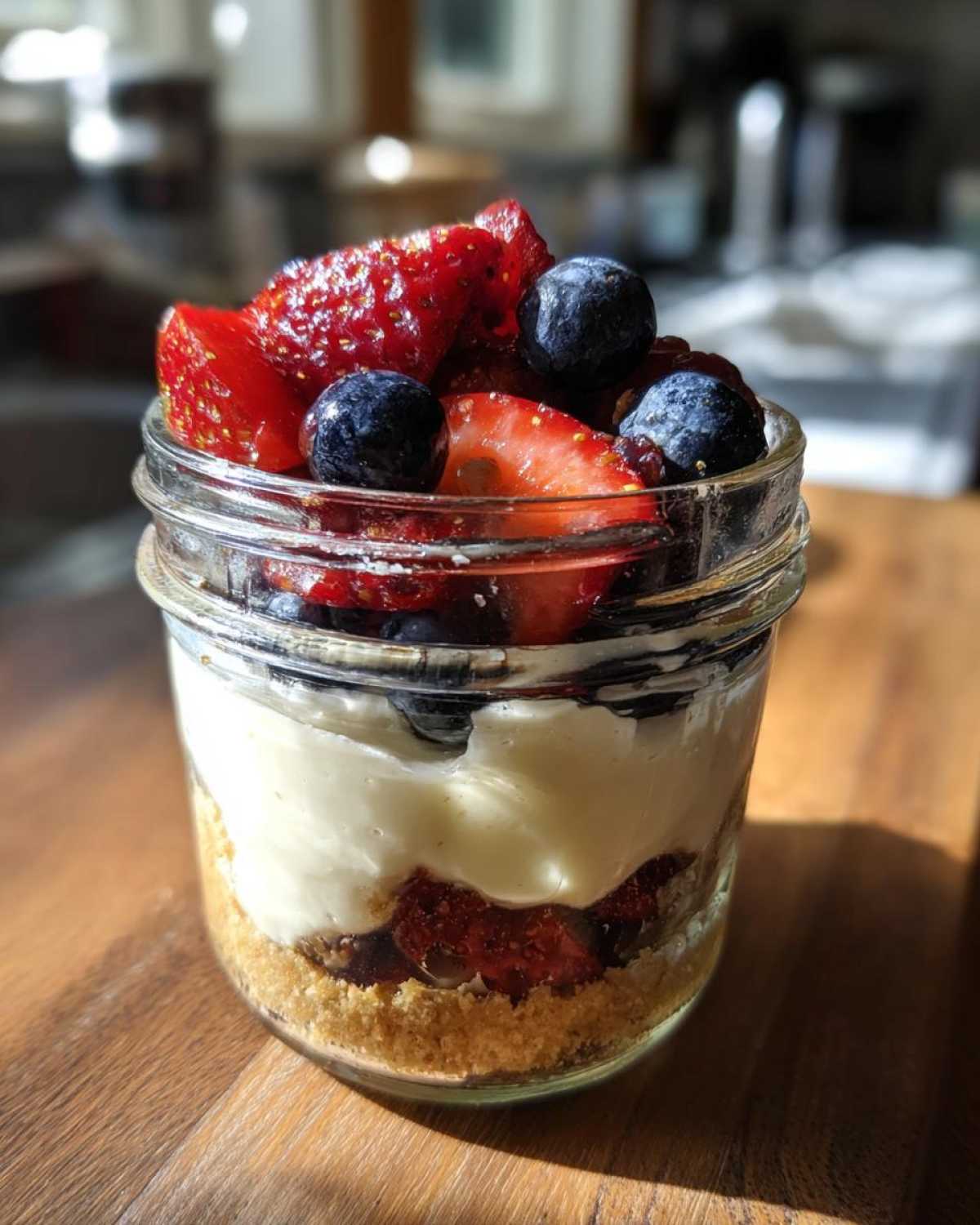 Close-up of an individual Protein Cheesecake layered in a jar with graham cracker crust, creamy filling, and topped with fresh strawberries and blueberries.
