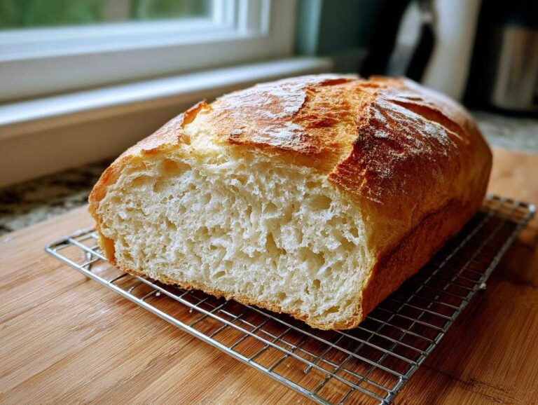 A freshly baked loaf of Italian bread, sliced to show the airy interior crumb, resting on a cooling rack.