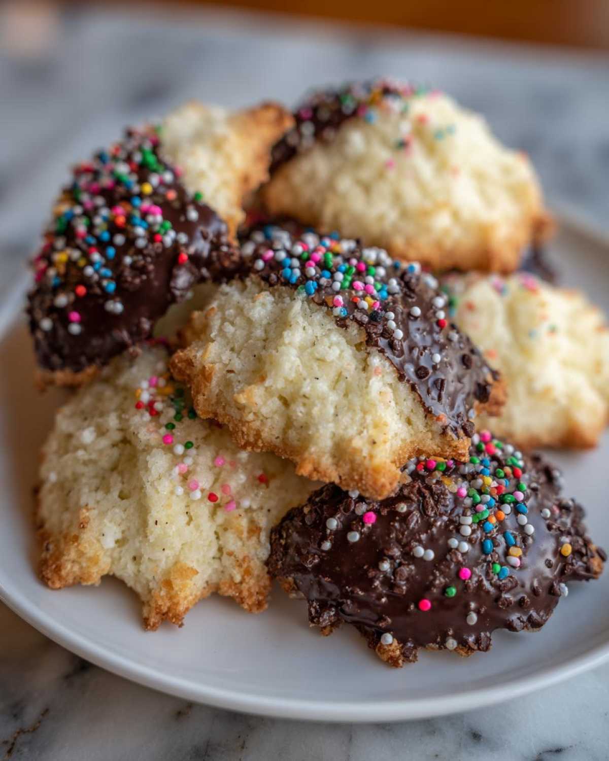 A pile of homemade italian butter cookies, some dipped in dark chocolate and topped with colorful sprinkles.