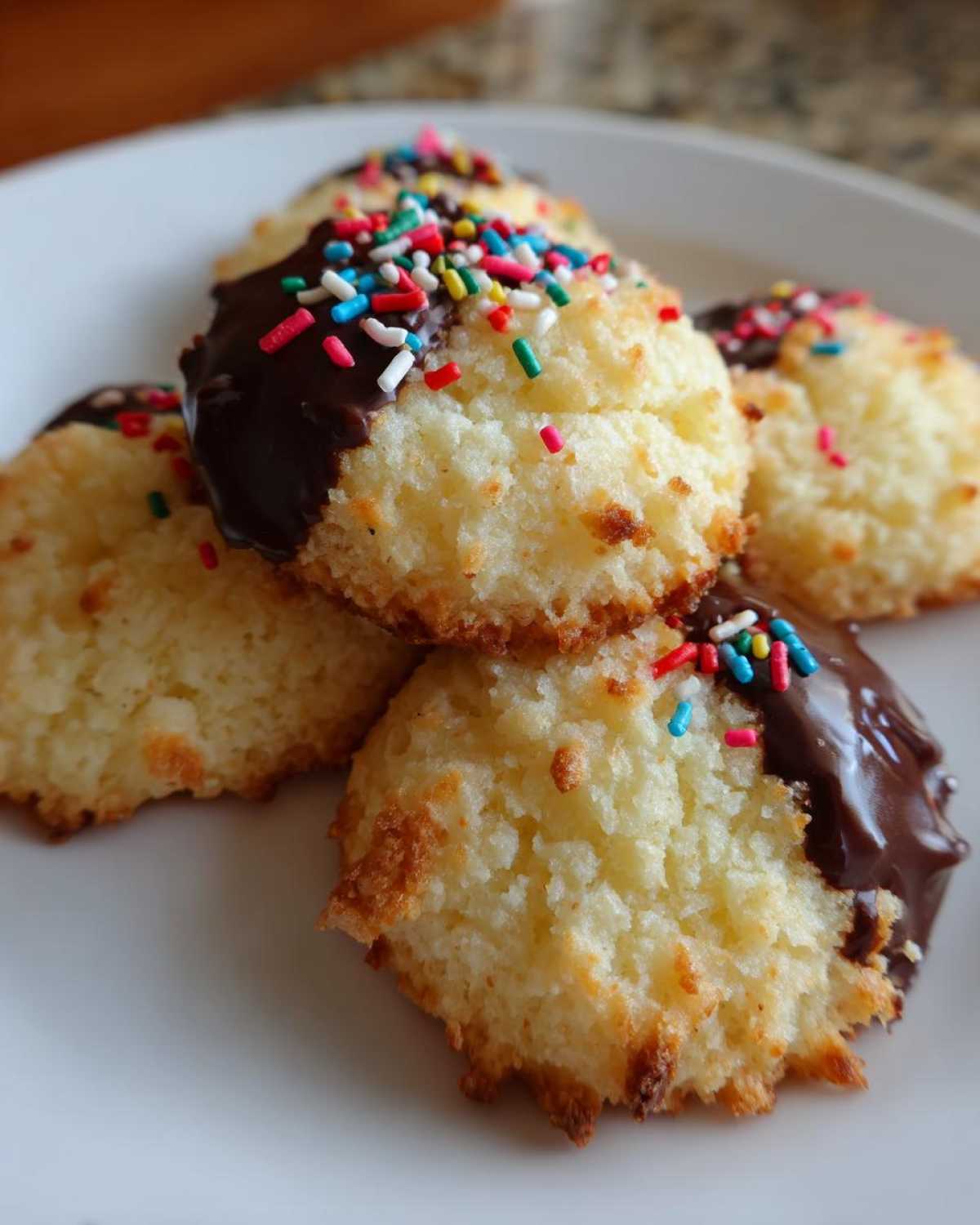 A stack of golden Italian butter cookies dipped in dark chocolate and topped with colorful sprinkles.
