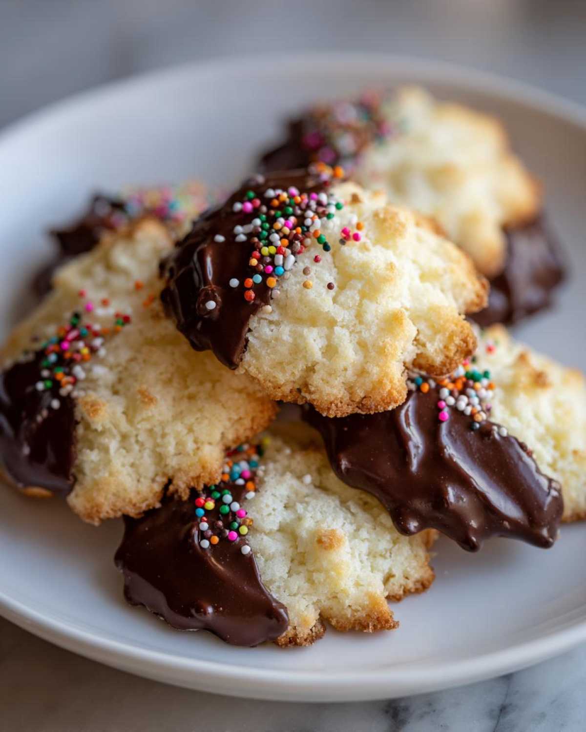 Close-up of several italian butter cookies dipped in dark chocolate and topped with colorful sprinkles on a white plate.