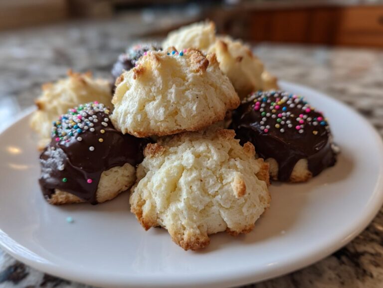 A pile of fluffy Italian butter cookies, some dipped in chocolate and covered with colorful sprinkles.