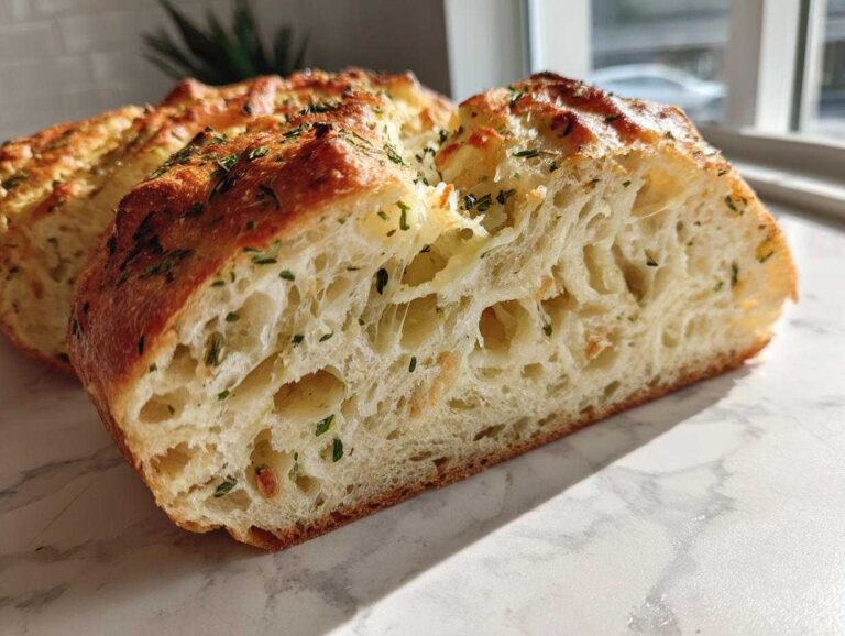Close-up of the airy interior crumb of an Italian herb and cheese bread loaf, showing melted cheese pockets and green herbs.