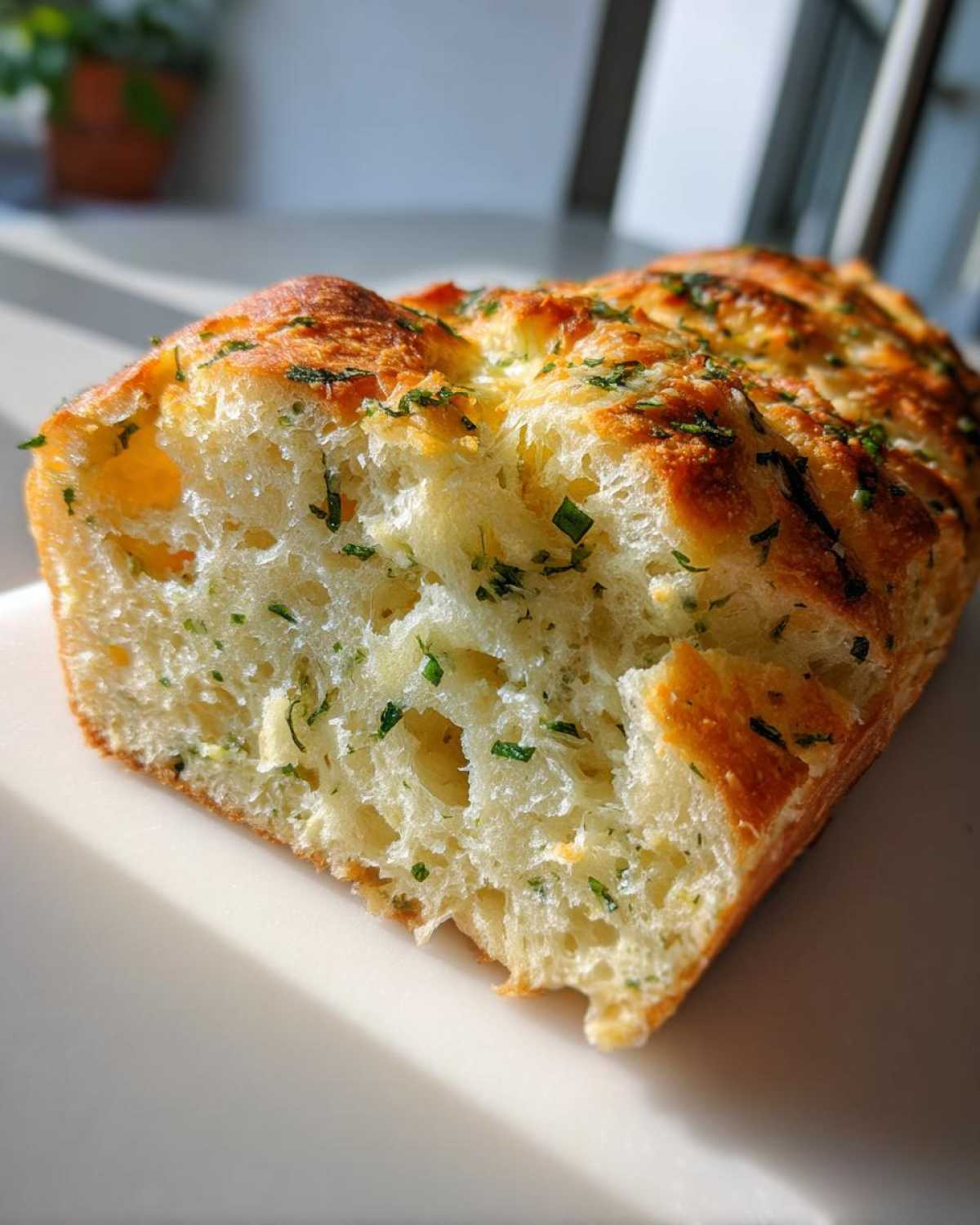 A close-up, cross-section view of the soft interior of an Italian herb and cheese bread loaf, topped with melted cheese and green herbs.