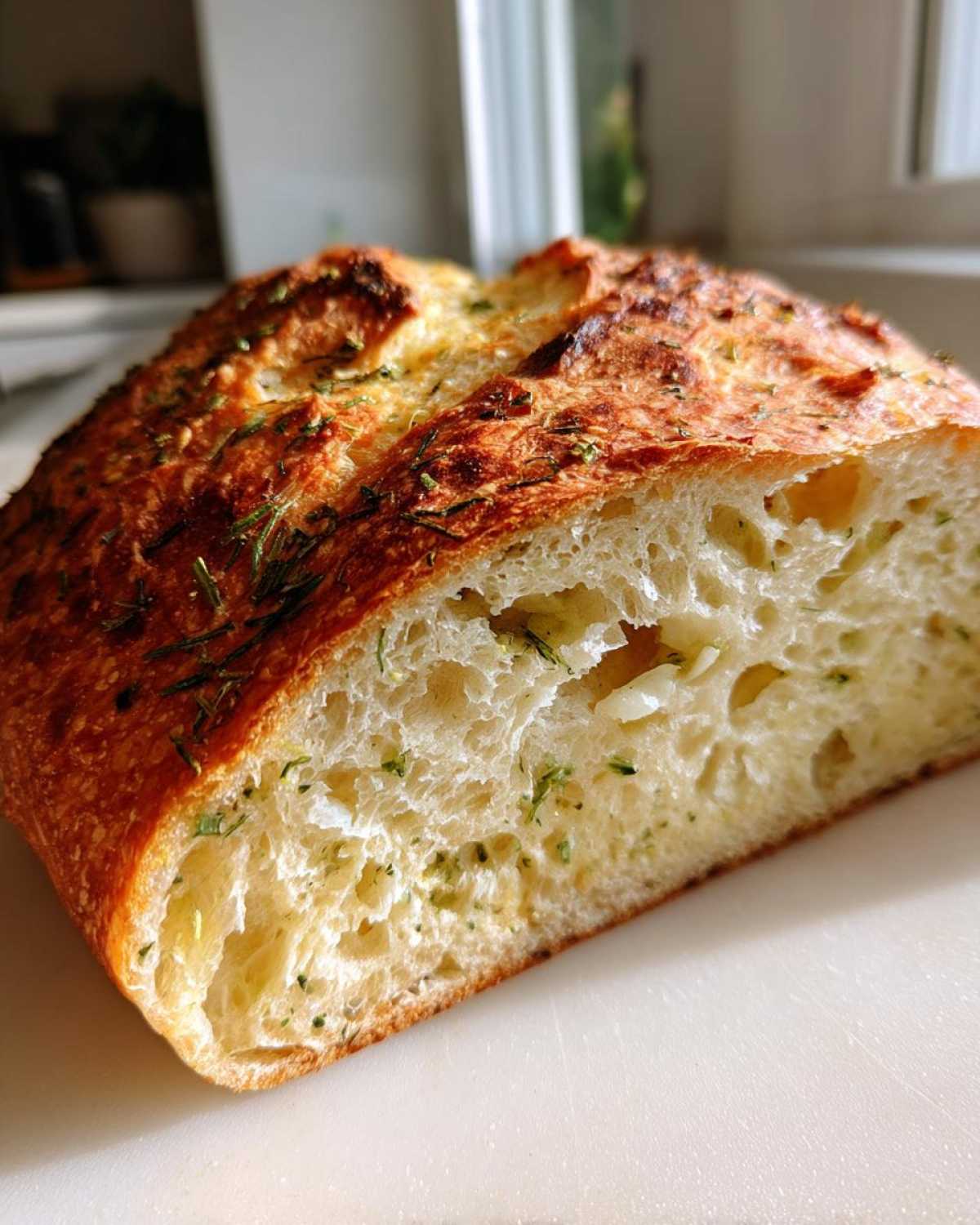 Close-up of a sliced Italian herb and cheese bread loaf showing the airy crumb and green herbs.