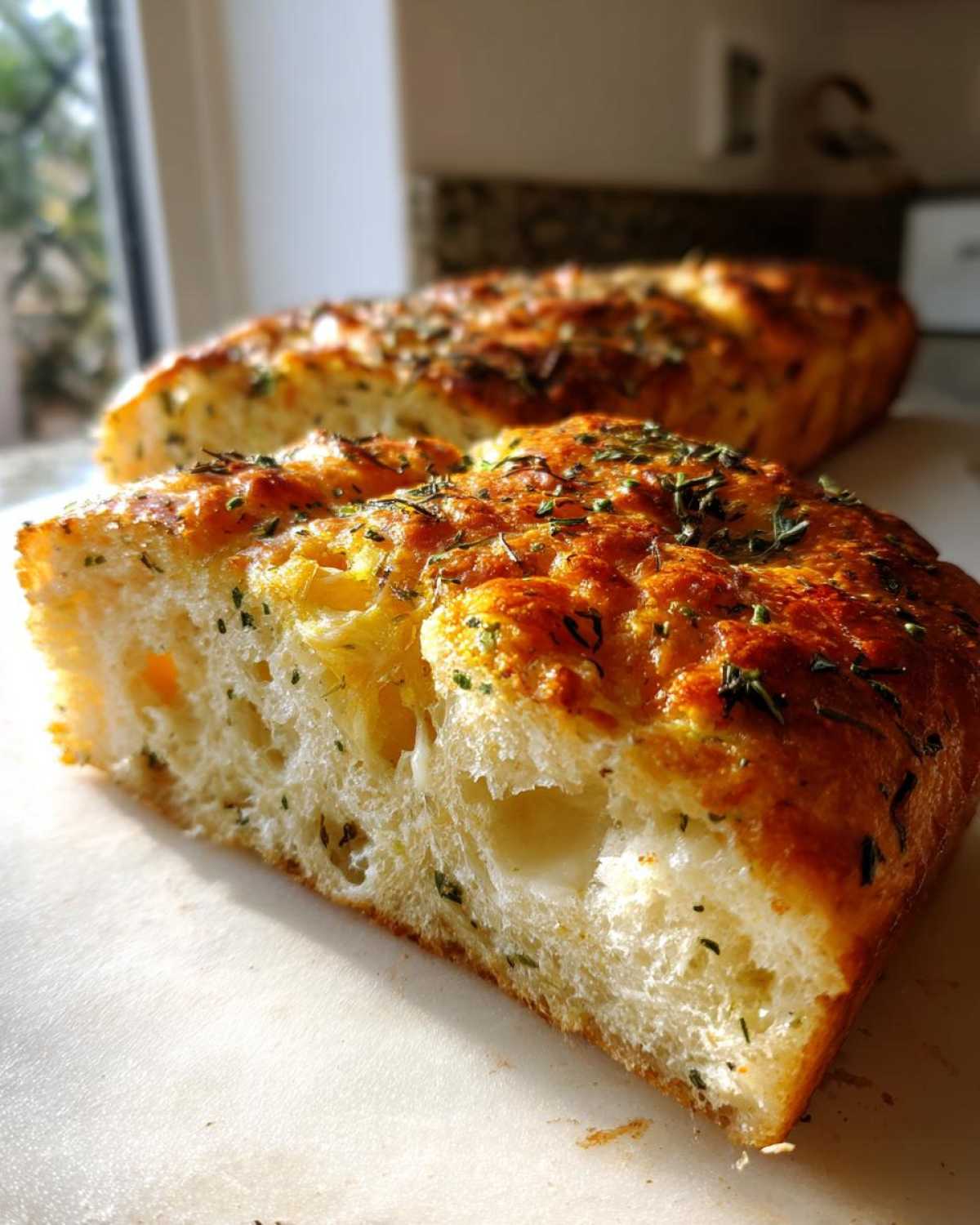 Close-up of a thick slice showing the airy crumb of the Italian herb and cheese bread, topped with golden crust and herbs.