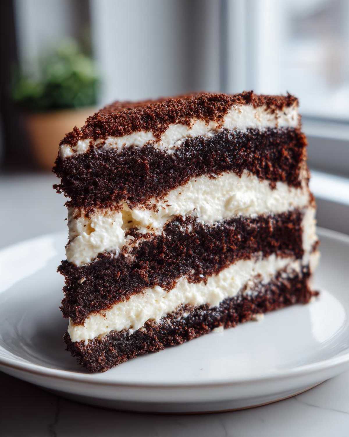 A decadent slice of Italian love cake with alternating dark chocolate layers and thick white cream filling.