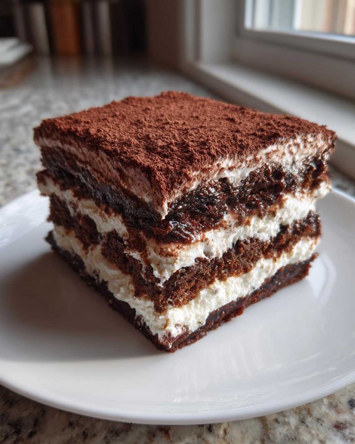 A square slice of dark, three-layer Italian love cake with white cream filling, dusted with cocoa powder.