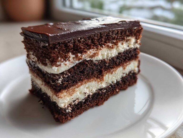 A rich, multi-layered slice of chocolate Italian love cake featuring alternating dark cake and white cream layers, topped with ganache.