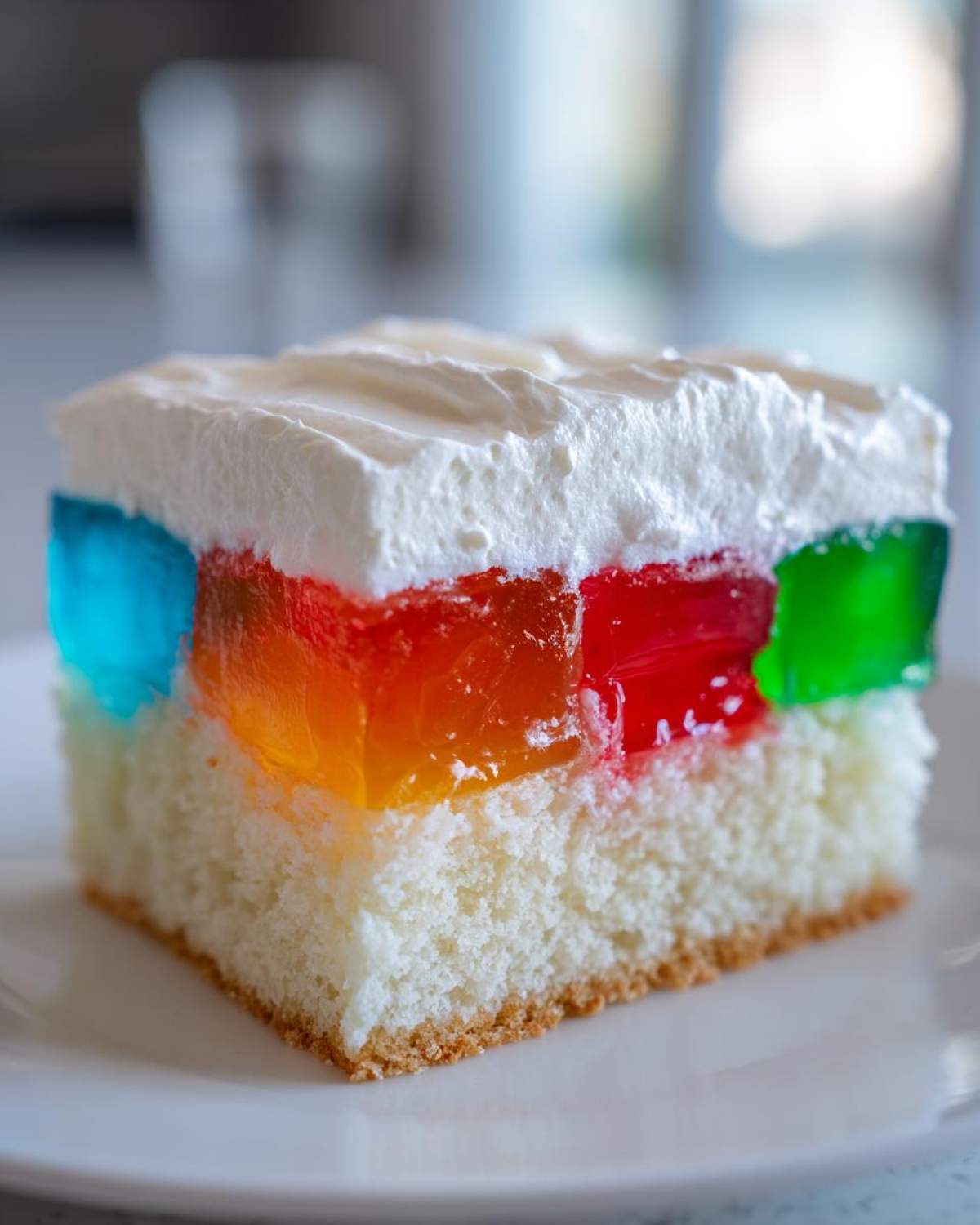 Close-up of a square slice of jello poke cake showing white cake, colorful jello cubes, and thick whipped topping.