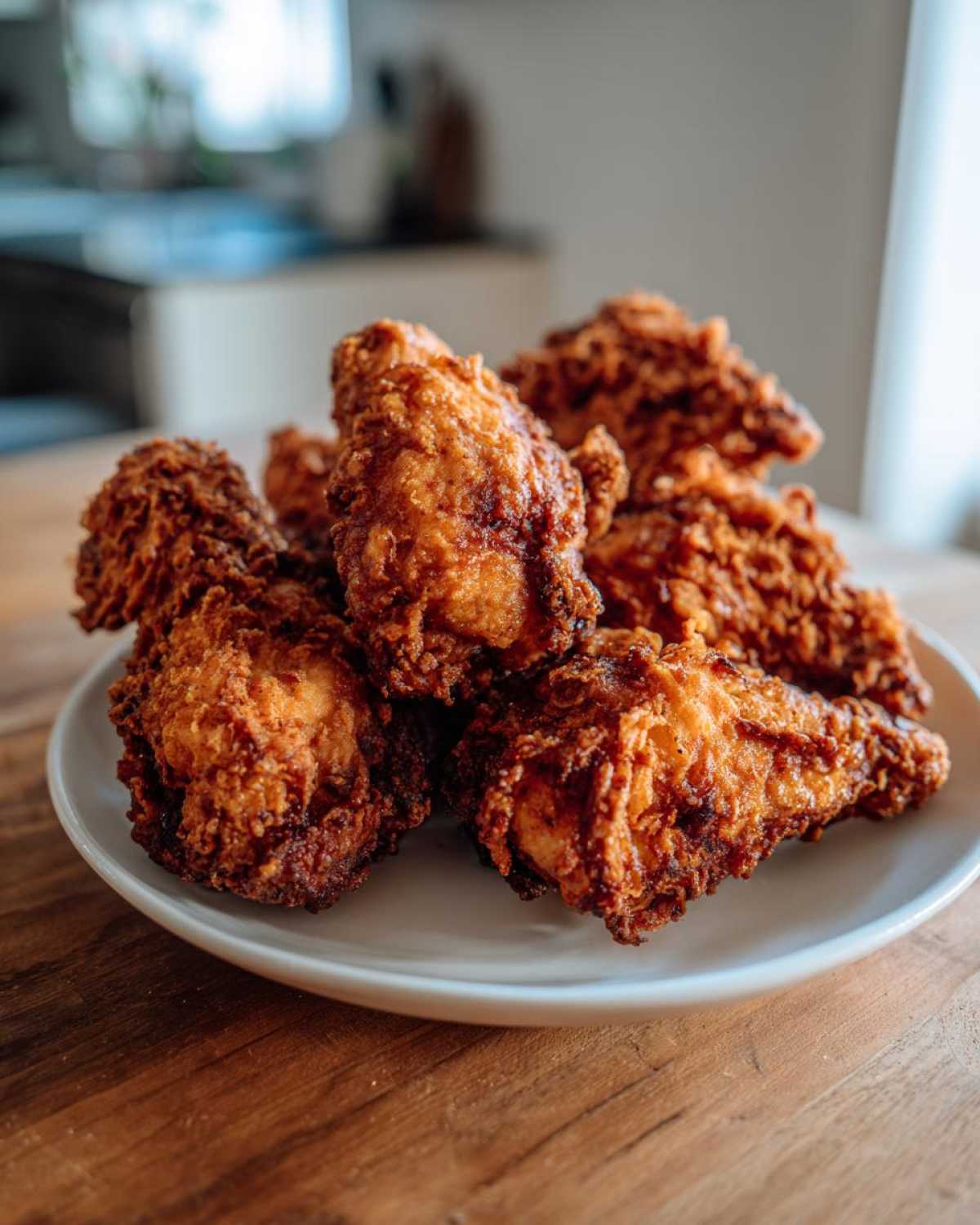A pile of golden brown, crispy fried chicken wings stacked on a white plate on a wooden table.