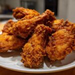 A close-up shot of a pile of golden brown, crispy fried chicken wings stacked on a white plate.