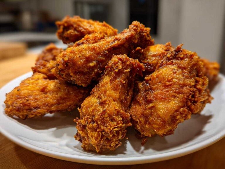 A close-up shot of a pile of golden brown, crispy fried chicken wings stacked on a white plate.