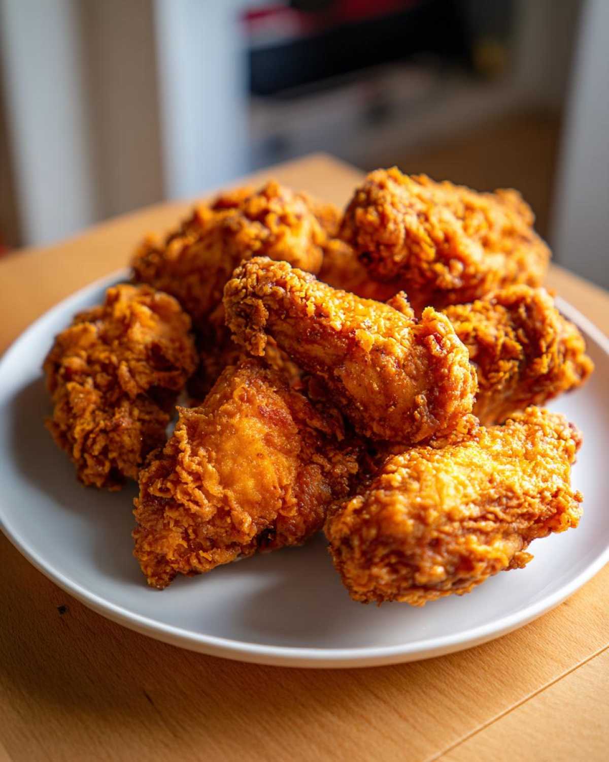 A close-up of several golden-brown, crispy fried chicken wings piled high on a white plate.