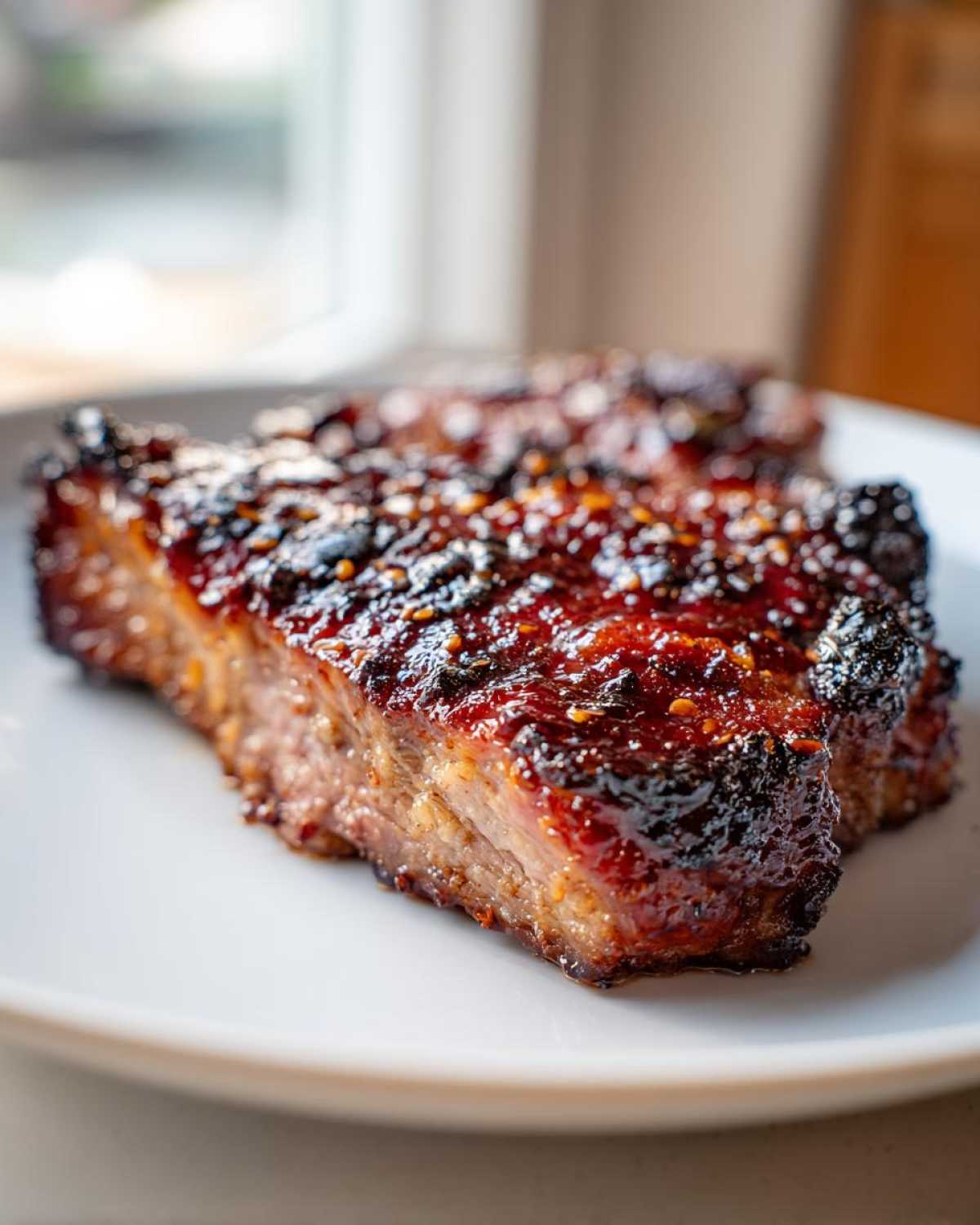 Close-up of a perfectly cooked, glazed pork steak recipe piece on a white plate.