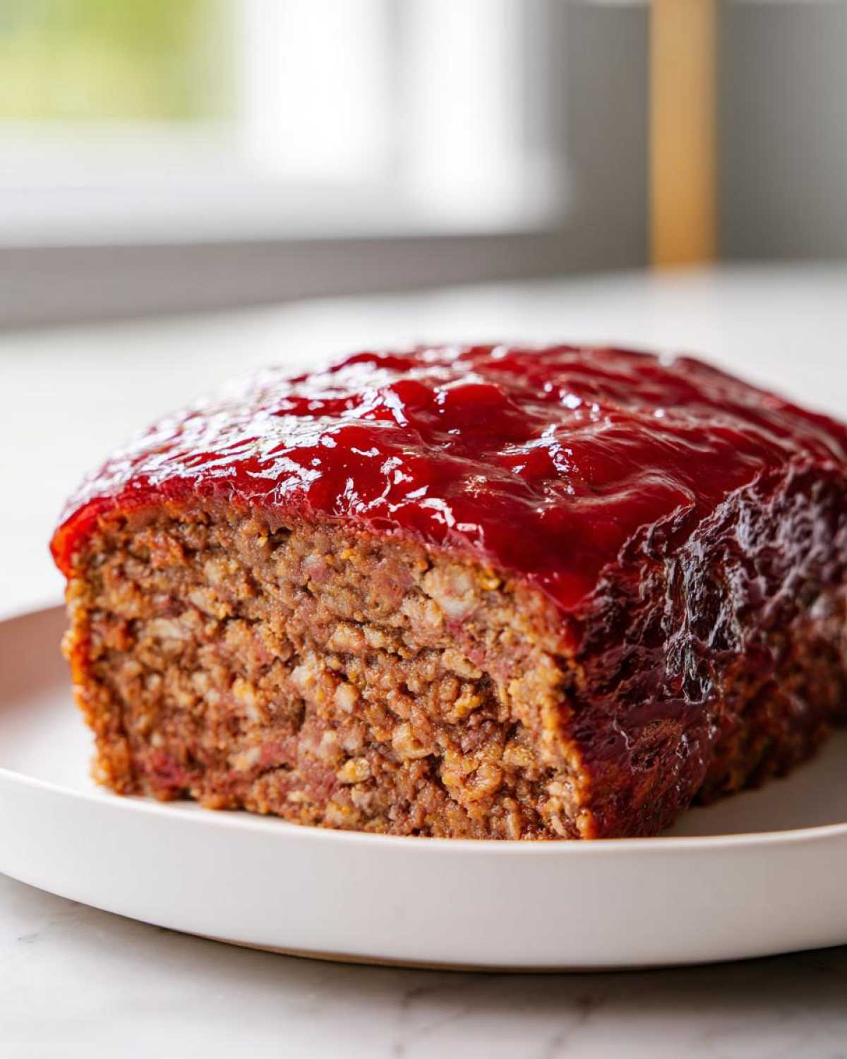 A close-up of a freshly baked, juicy meatloaf topped with a thick, glossy red glaze.