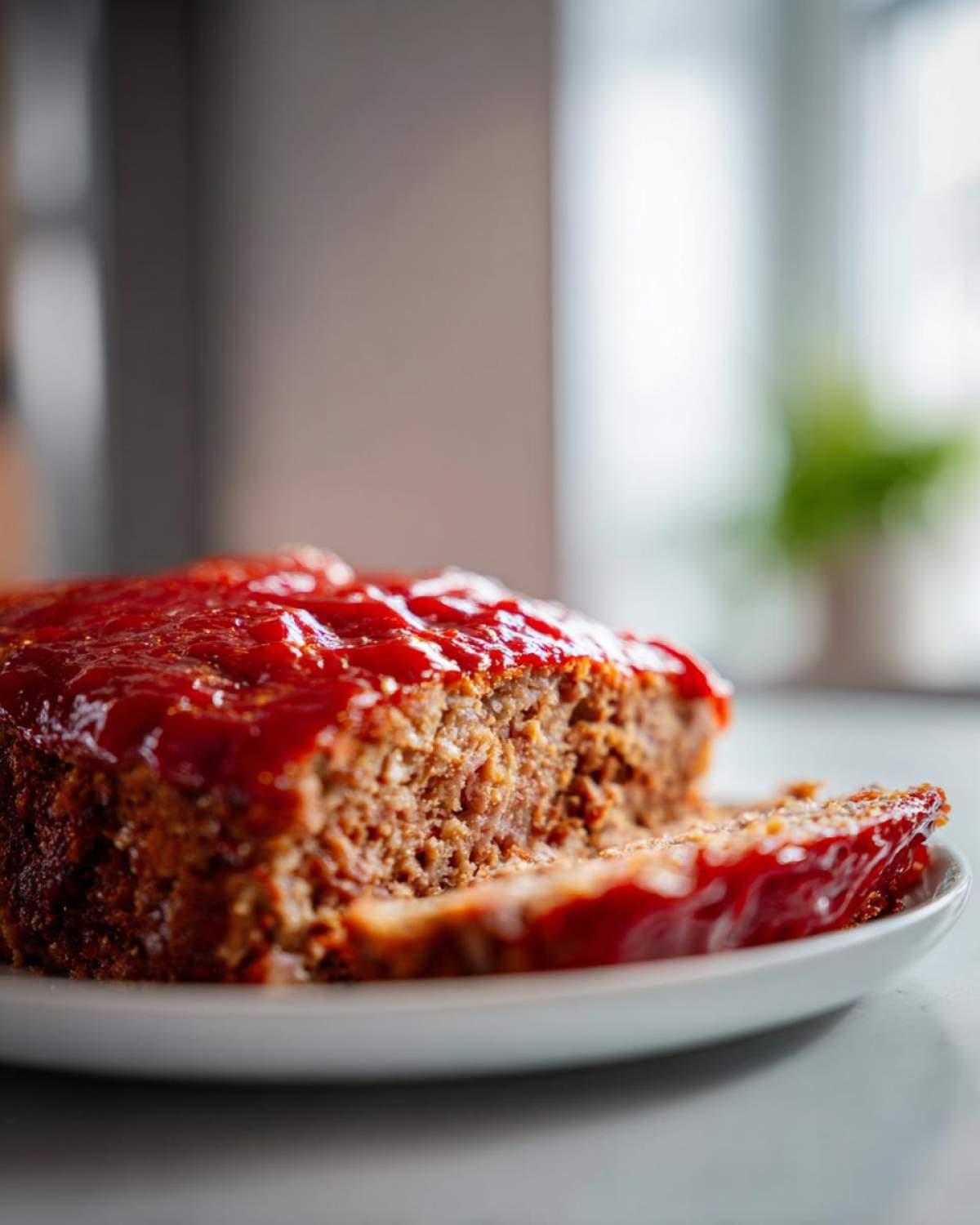 Close-up of a slice of juicy meatloaf topped with a thick, shiny red ketchup glaze on a white plate.