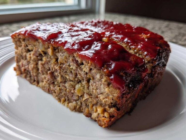 A thick slice of juicy meatloaf topped with a shiny red glaze, served on a white plate.