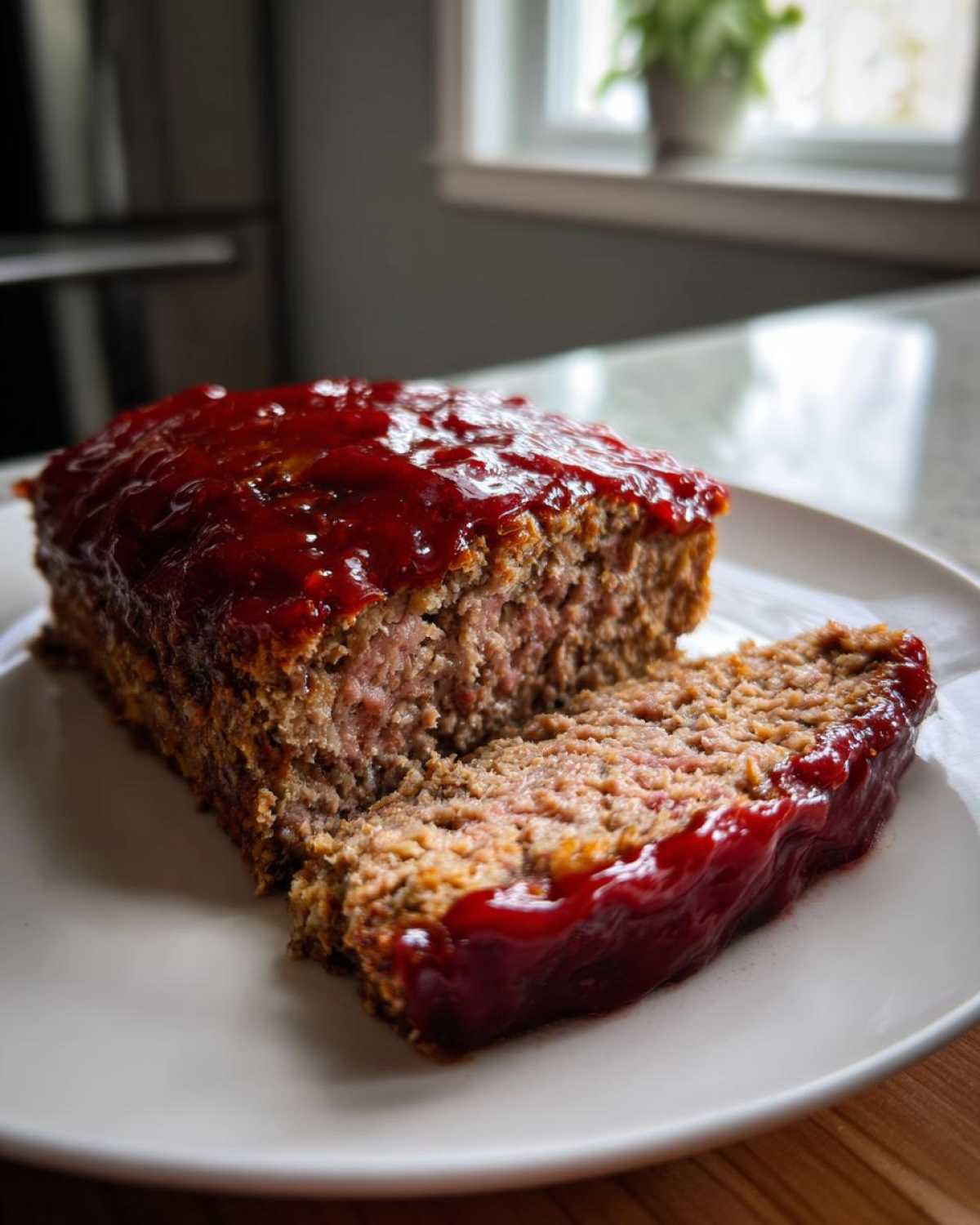 A close-up of a sliced, juicy meatloaf topped with a thick, shiny red glaze, resting on a white plate.