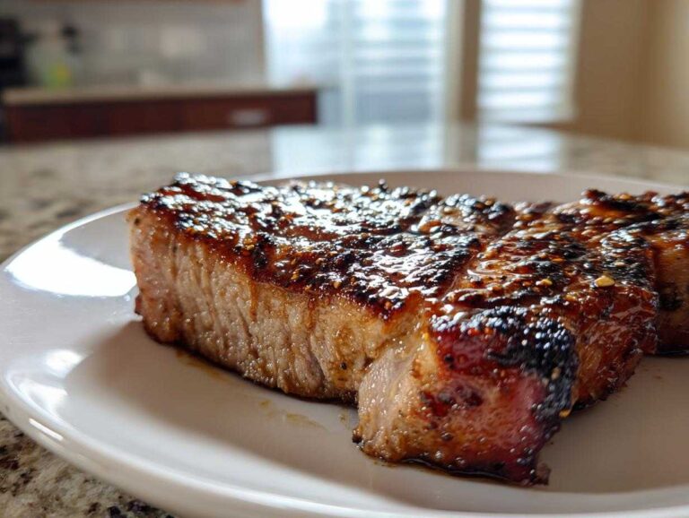 Close-up of a perfectly cooked, juicy pork steak recipe with a dark, glistening glaze on a white plate.