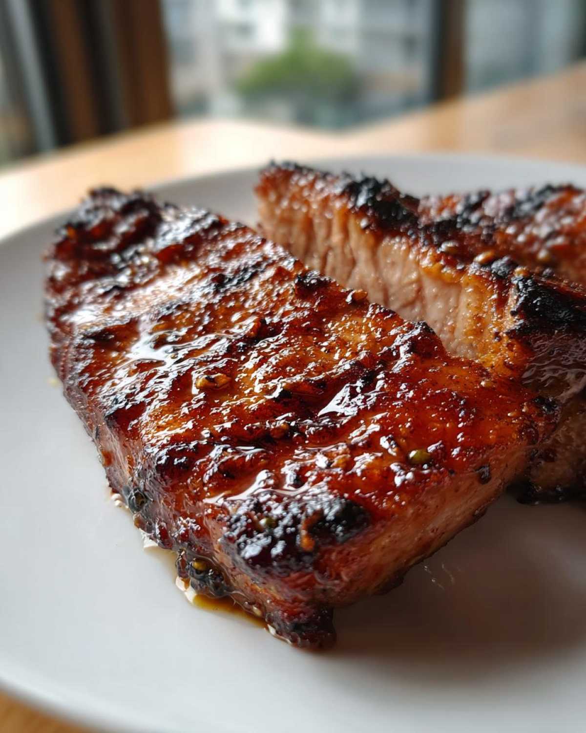 Close-up of two thick slices of juicy pork steak recipe, featuring a dark, caramelized, and glossy glaze.