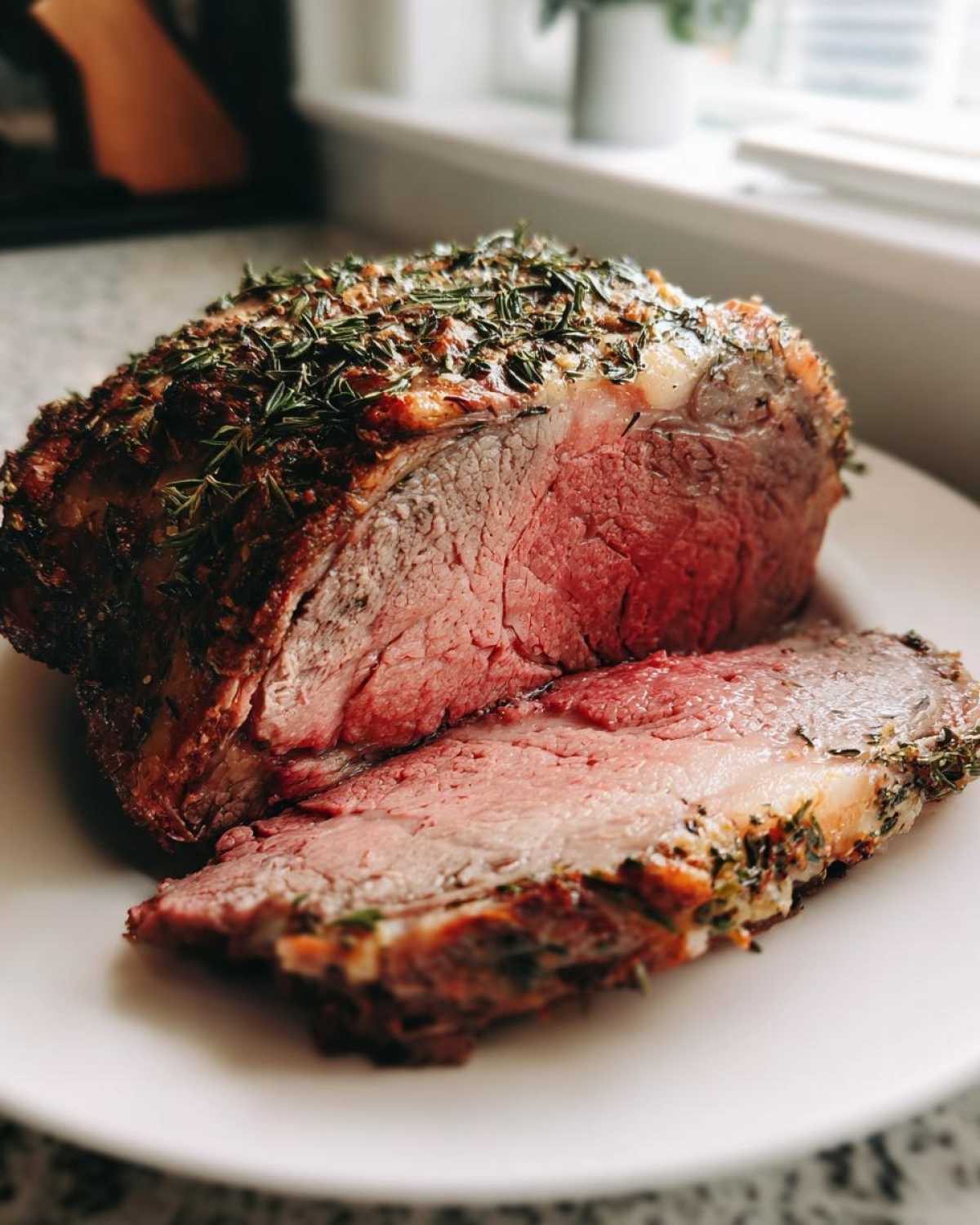 A juicy, medium-rare rib roast, crusted with herbs, with one thick slice cut and resting beside it on a white plate.