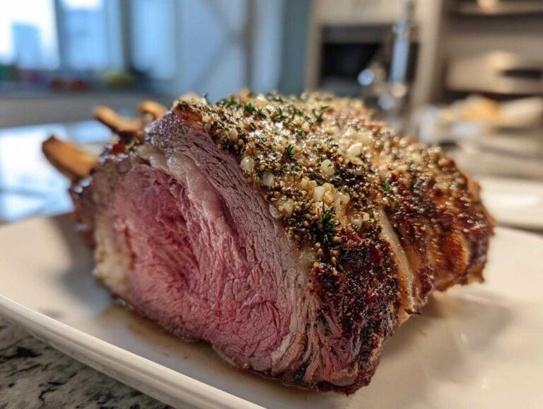 Close-up of a perfectly cooked, medium-rare rib roast showing a thick herb and garlic crust.