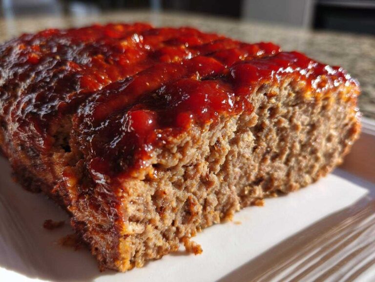 A close-up view of a thick slice of moist Keto meatloaf topped with shiny, dark red glaze.