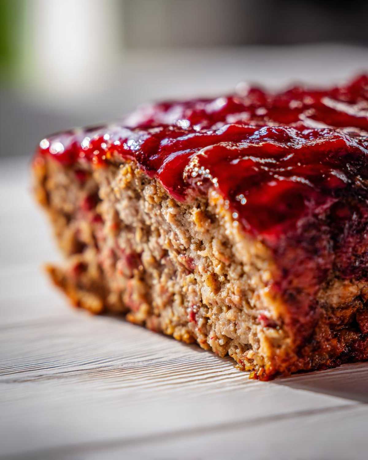 Close-up of a moist slice of Keto meatloaf topped with a thick, glossy, deep red glaze.
