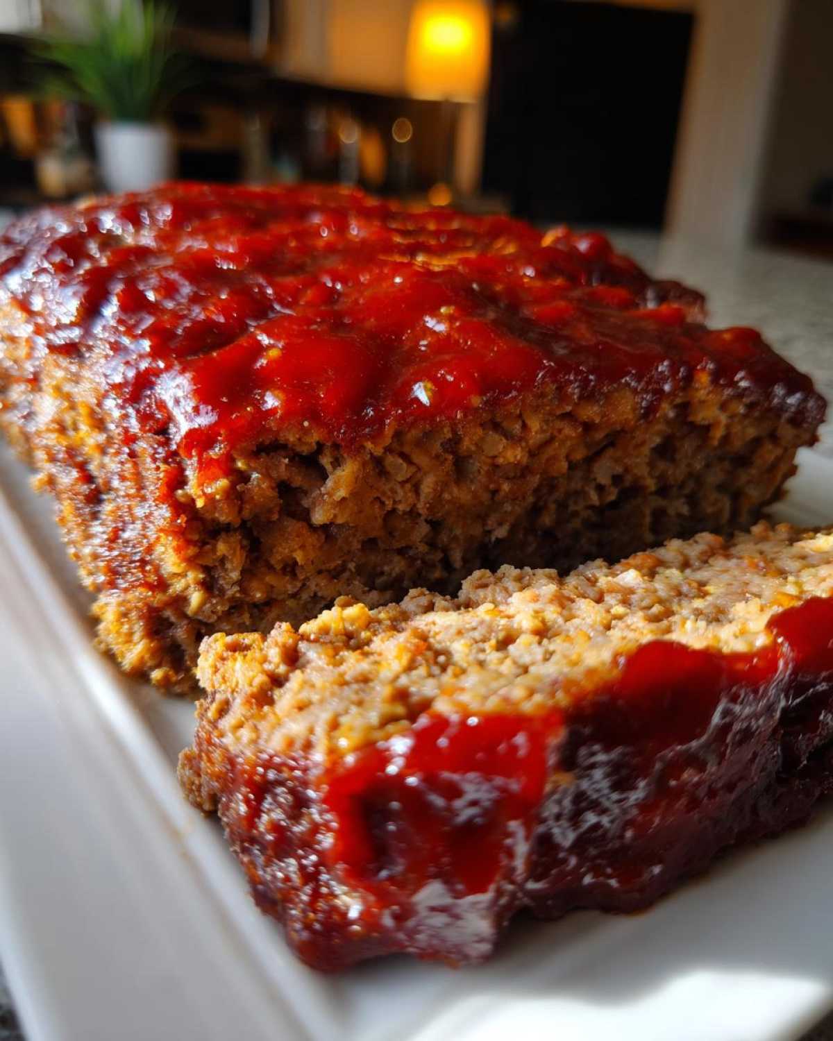 Close-up of a slice cut from a Keto meatloaf, covered in a thick, glossy red glaze.