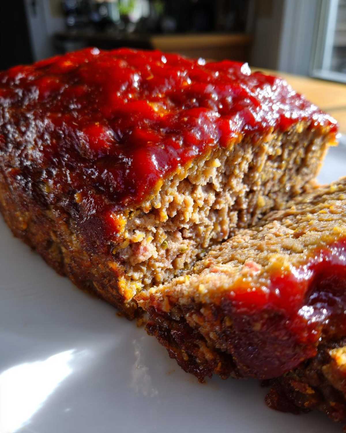 Close-up of a moist Keto meatloaf loaf with a thick, glossy red glaze, showing a slice cut away.