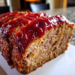 A close-up of two thick slices of moist Keto meatloaf topped with a shiny, thick red glaze.