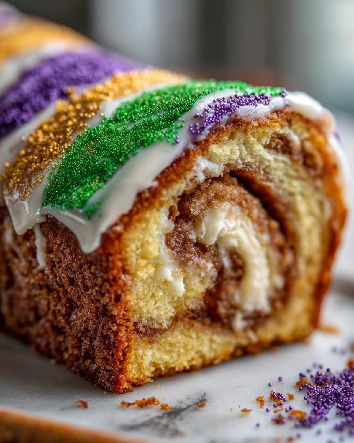 Close-up cross-section of a rich, swirled king cake slice topped with white icing and green, gold, and purple sprinkles.