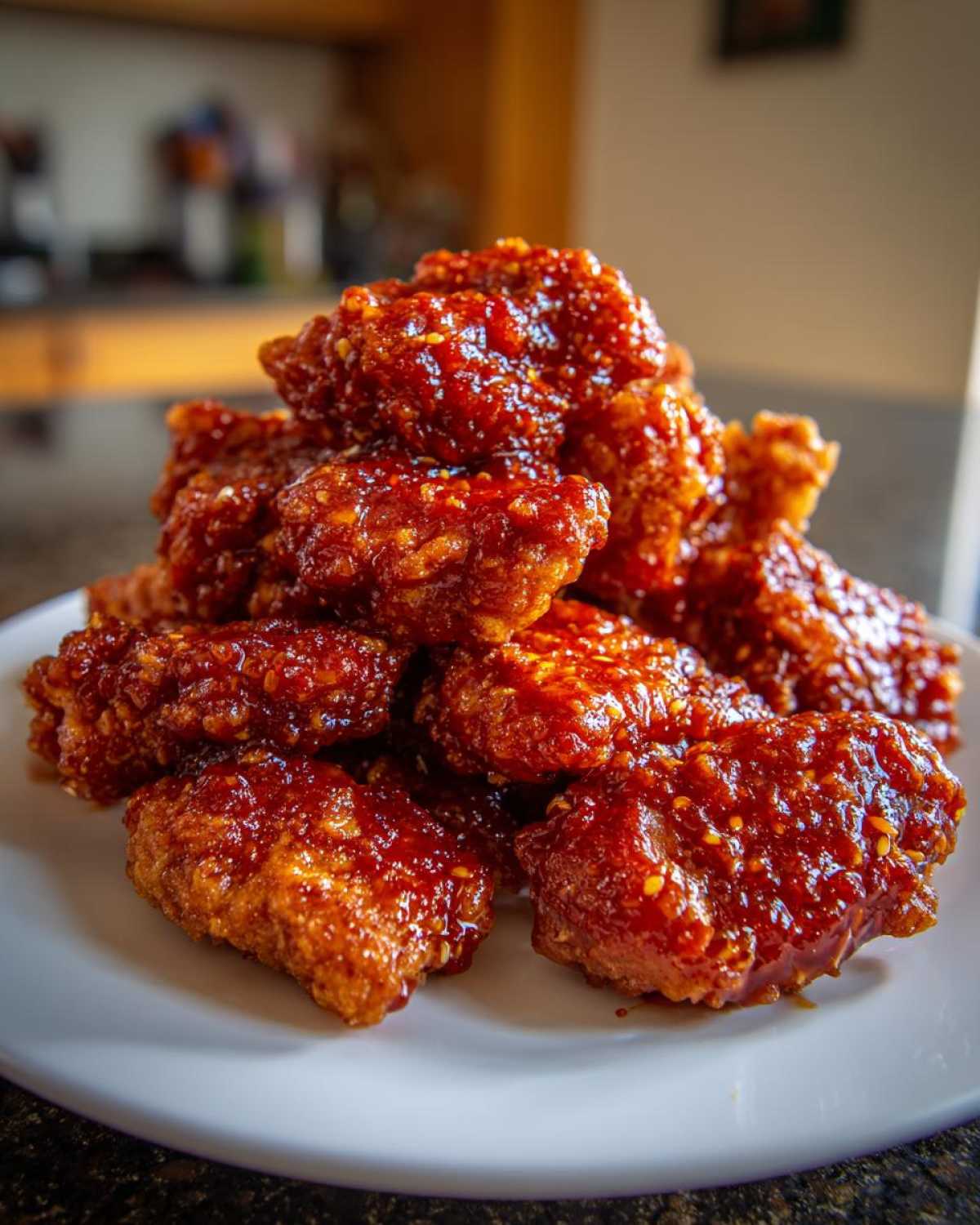 A close-up of crispy, saucy korean fried chicken pieces stacked on a white plate.