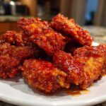 A pile of crispy, glossy, bright red korean fried chicken wings served on a white plate.