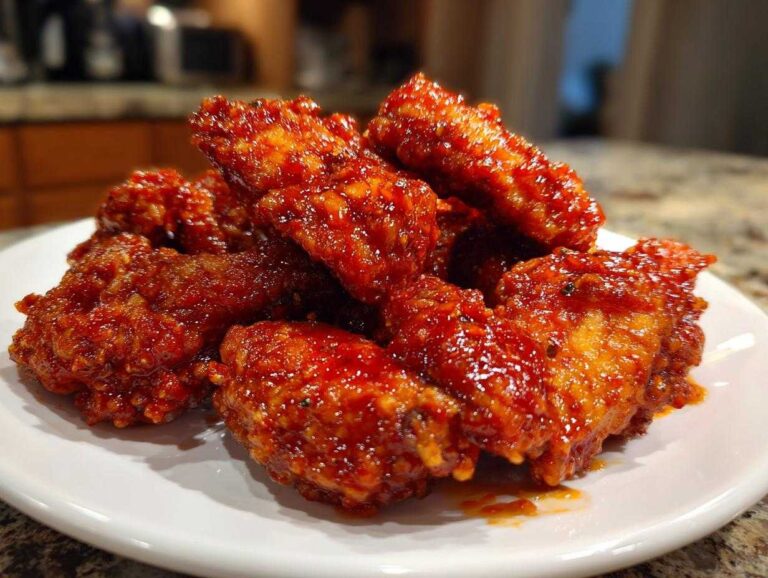 A pile of crispy, glossy, bright red korean fried chicken wings served on a white plate.