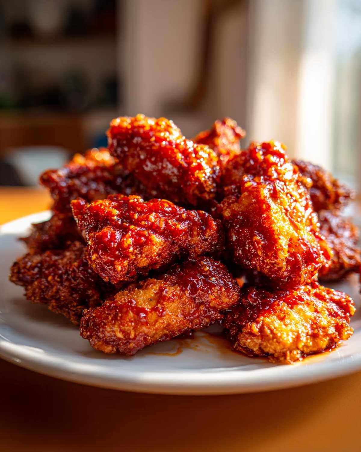 A pile of crispy, saucy korean fried chicken wings glistening with a dark red glaze on a white plate.