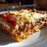 Close-up of a rich, layered slice of Lasagna with Cottage Cheese, showing meat sauce and melted topping.