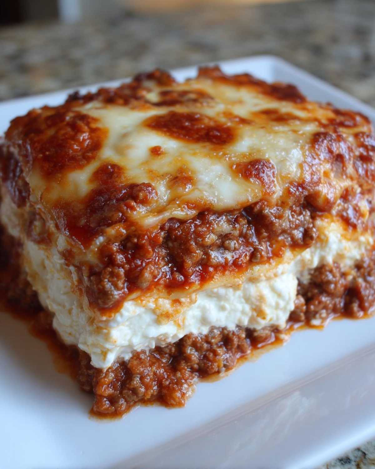 Close-up of a perfectly layered slice of Lasagna with Cottage Cheese, featuring rich meat sauce and melted cheese topping.