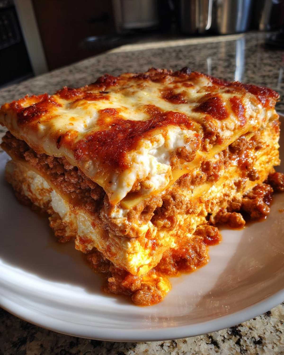 A thick, layered slice of lasagna with cottage cheese, meat sauce, and melted cheese topping.